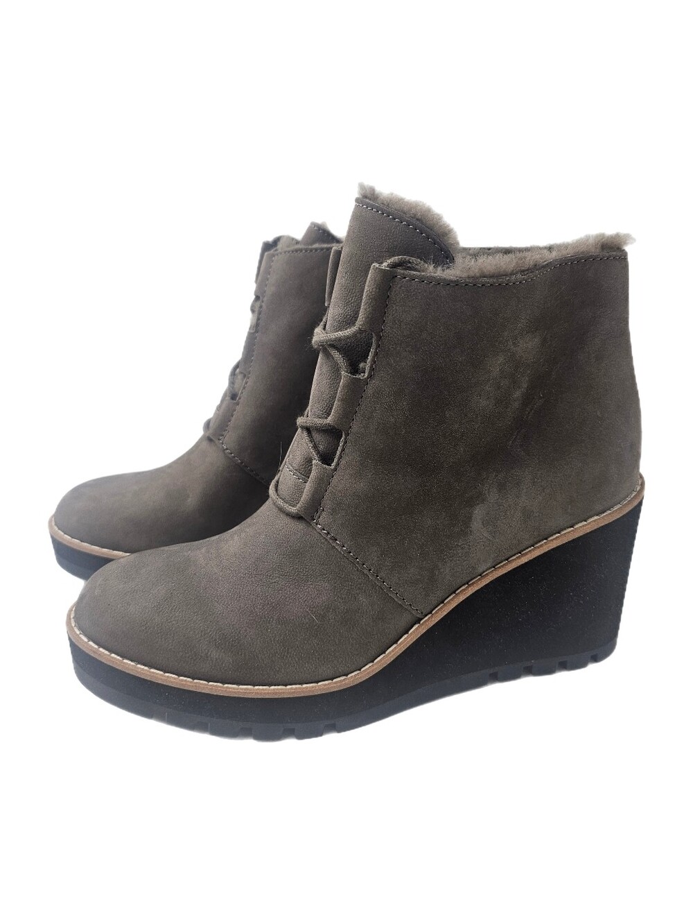 Eileen Fisher Alpine Suede Shearling Wedge Booties Graphite Gray 7.5
